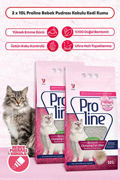 Proline Proline Bebek Pudrası Kokulu Ince Tane Topaklanan Kedi Kumu 10 Lt X 2 Adet