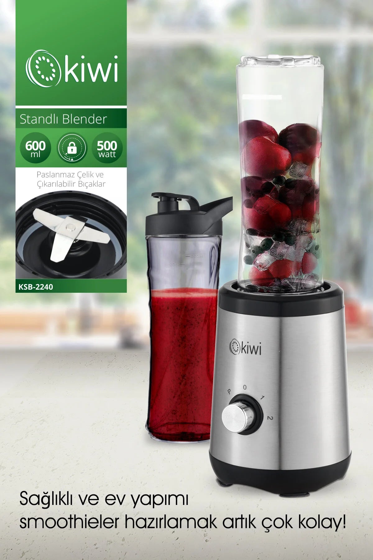 Kiwi Ksb-2240 Standlı Paslanmaz Çelik Sporcu Blender - Kişisel Smoothie Blender 600 ml Bardaklı