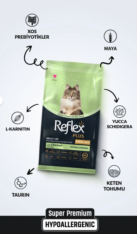 Reflex Plus Hipoalerjenik Kısırlaştırılmış/Sterilised Tavuklu Yetişkin Kedi Maması 15 kg